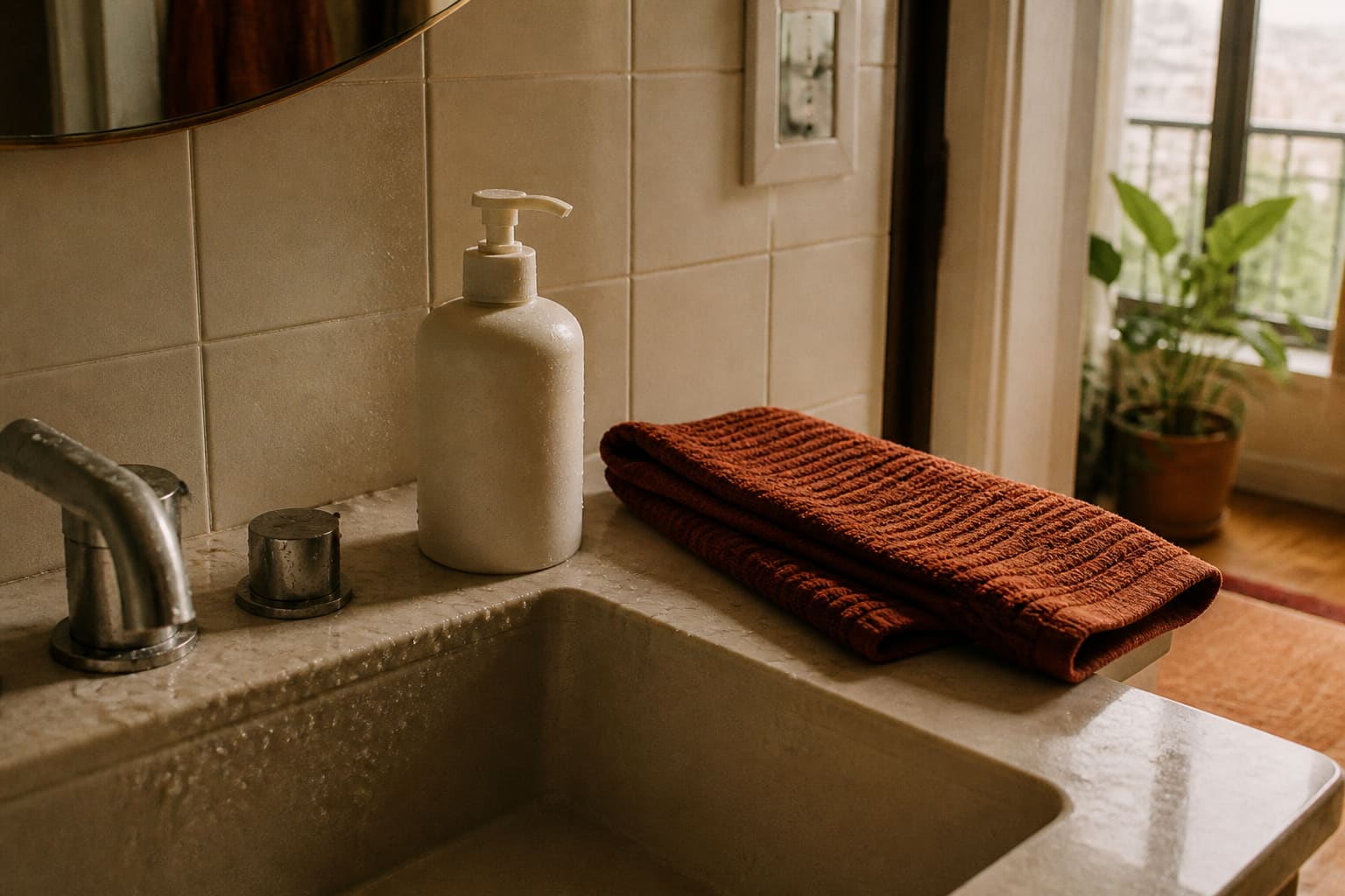 Pia de banheiro com um frasco de limpeza sem marca visível